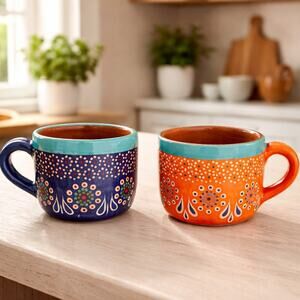 Mexican Jarritos pottery mugs hand painted set of 2 demitasse